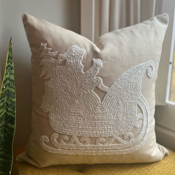 NEW Santa's Sleigh Embroidered Pillow Cover - Cozy, Neutral Holiday Decor - Picture 1 of 4
